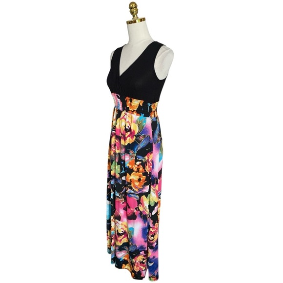 Boohoo Women’s Sleeveless Colorful Floral w/ Black Bodice Flowy Maxi Dress Sz 6 - Picture 5 of 8
